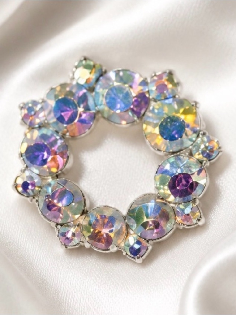 Cora Silver Iridescent Rhinestone Brooch One Size